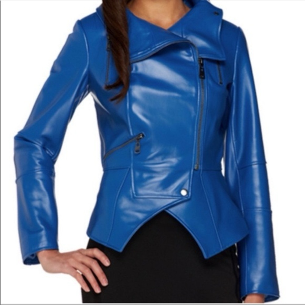 G.I.L.I. 6 Vibrant Blue 100% Genuine Leather Moto Biker Peplum Jacket